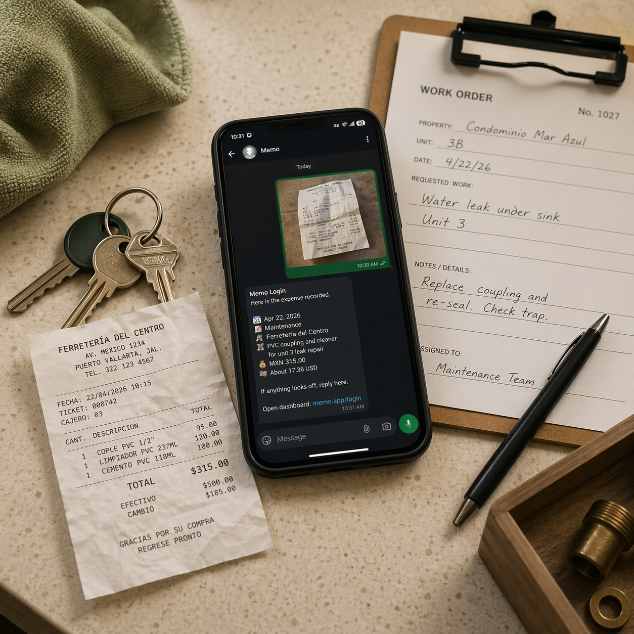 Keys, towel, and work context beside a receipt capture moment.